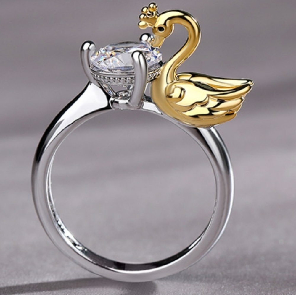 Gold swan and stone sterling silver ring